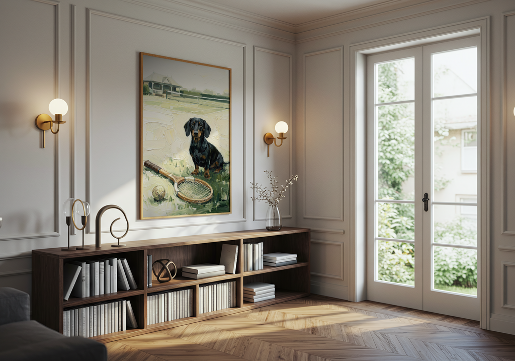Living room with a dog painting, bookshelf, and large window.