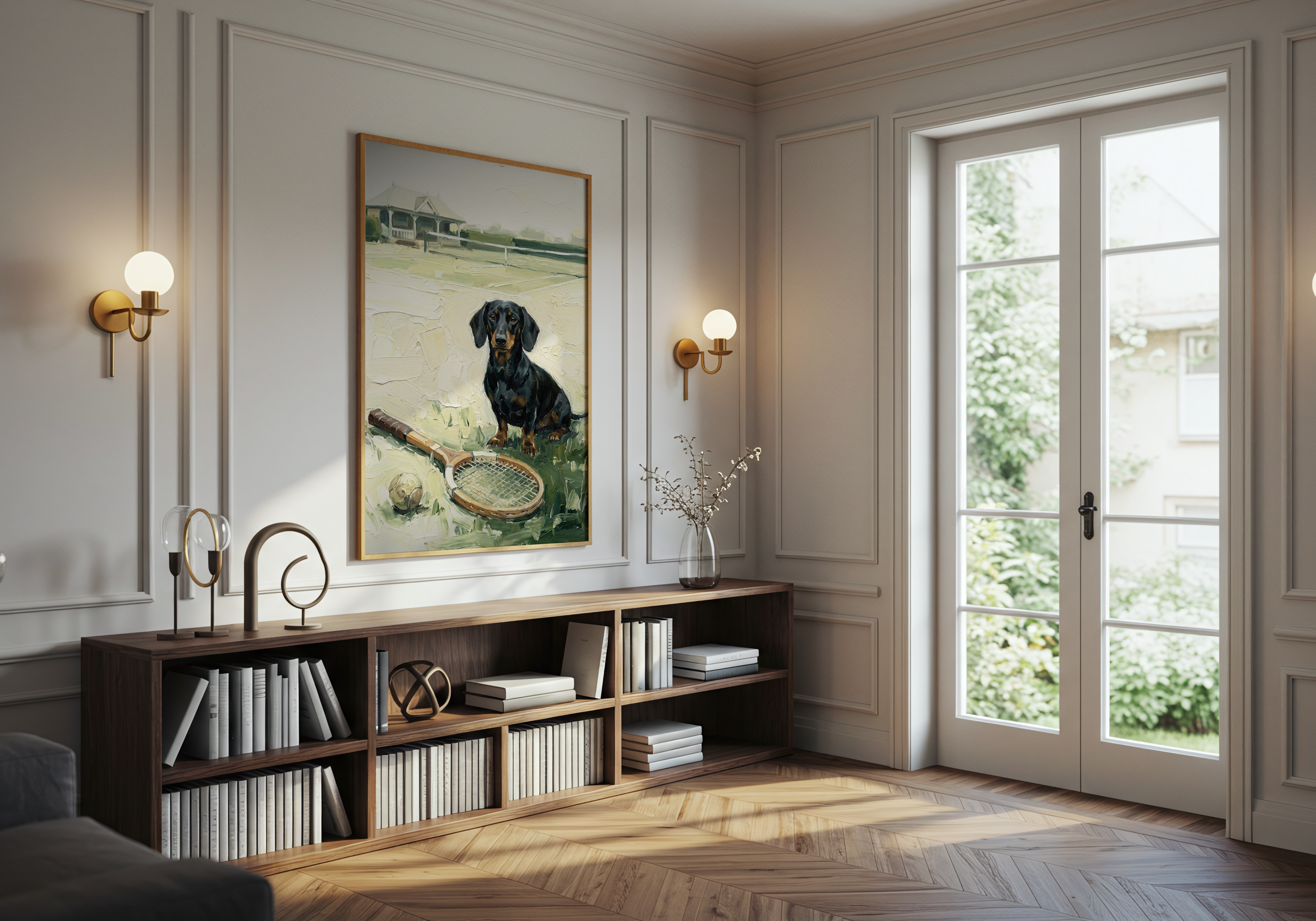 Living room with a dog painting, bookshelf, and large window.