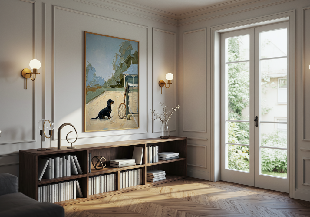 Modern living room with a bookshelf, framed artwork, and large window.