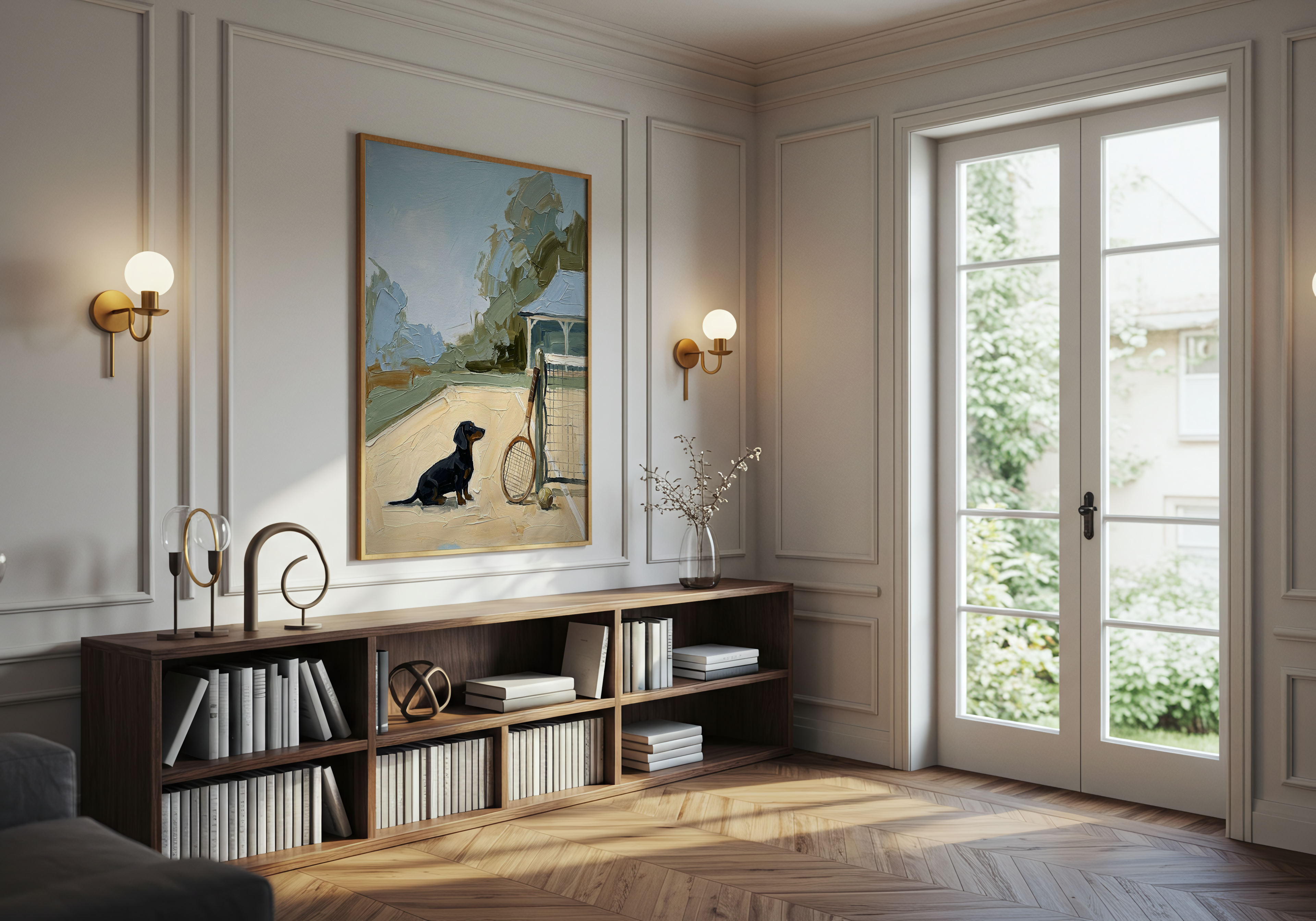 Modern living room with a bookshelf, framed artwork, and large window.