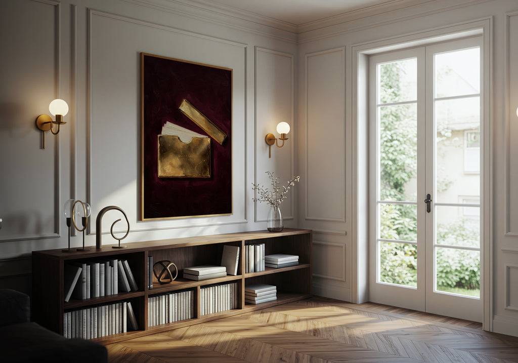 Modern living room with bookshelf, artwork, and large window.
