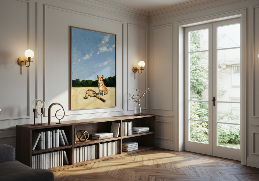 Modern living room with a bookshelf, framed picture of a dog, and large window.