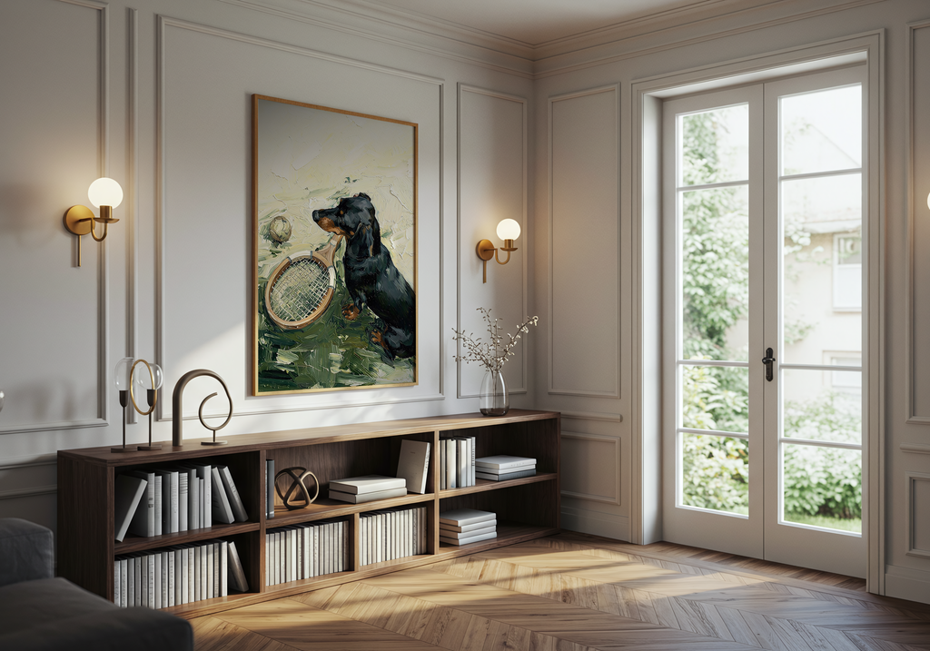 Modern living room with a bookshelf, framed artwork, and large window.