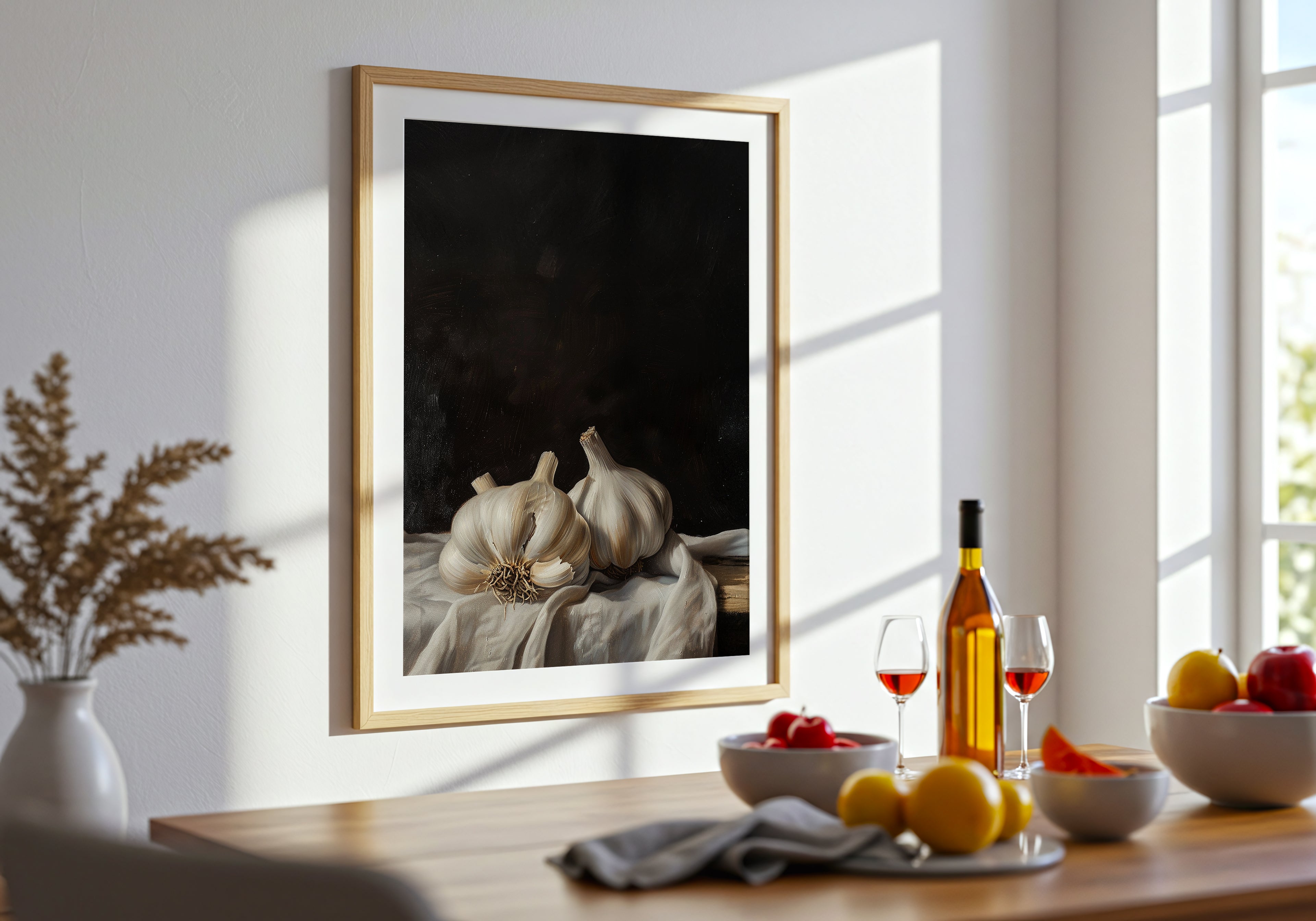 Framed artwork of garlic bulbs on a table with wine and fruit
