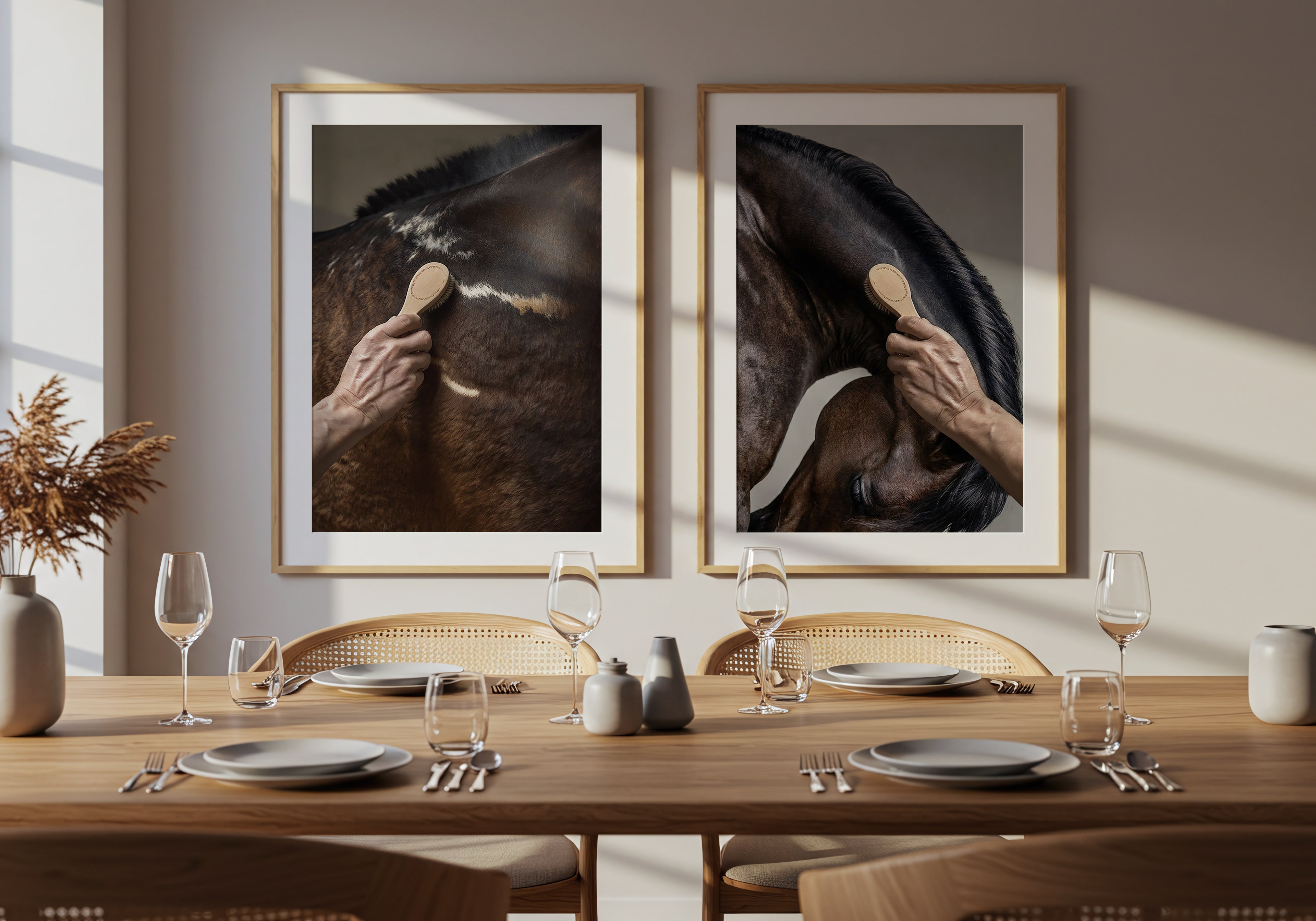 close up photograph of a horse’s shoulder being brushed by hand in soft studio lighting
