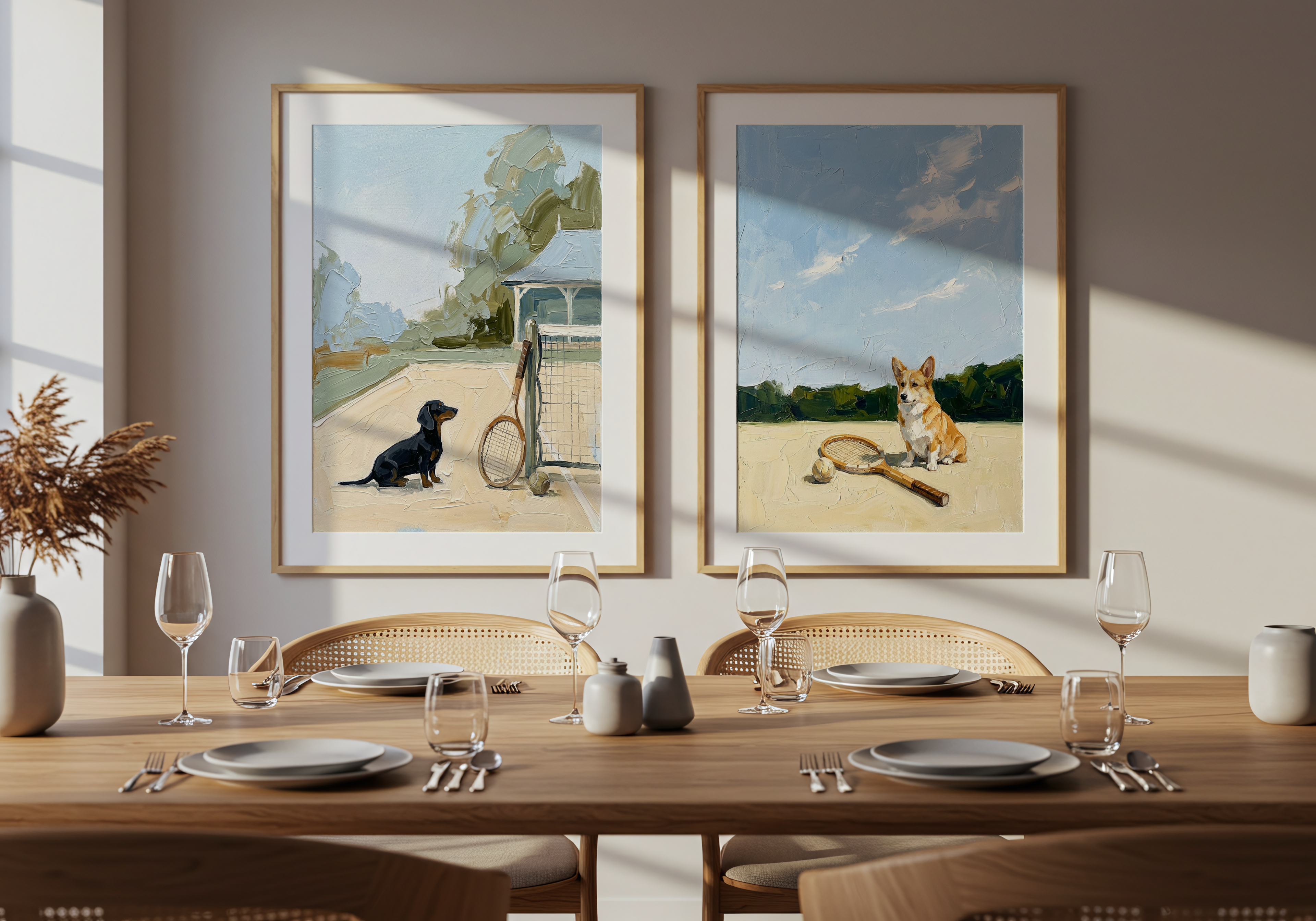 Dining room with a table set for four, two framed paintings of dogs on a wall, and a vase with dried flowers.