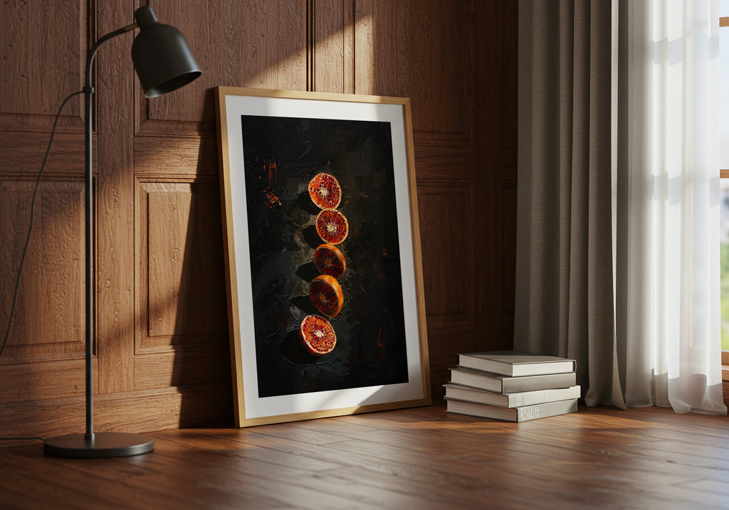 Framed artwork of sliced oranges on a wooden floor with a lamp and books in the background.
