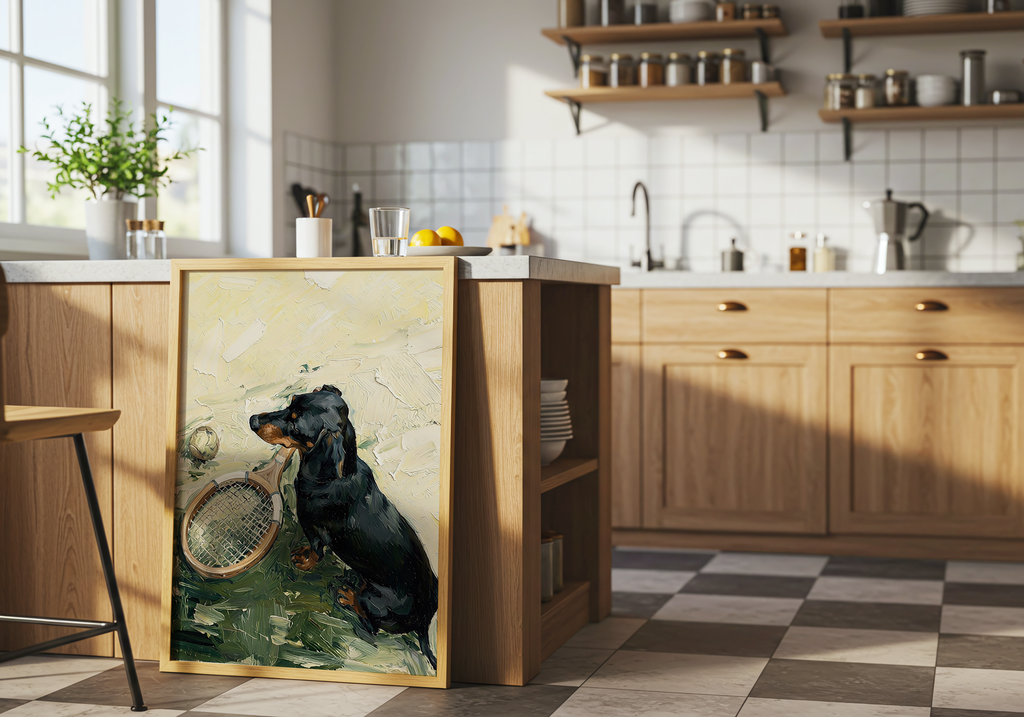Kitchen with wooden island featuring a painting of a dog holding a tennis racket.