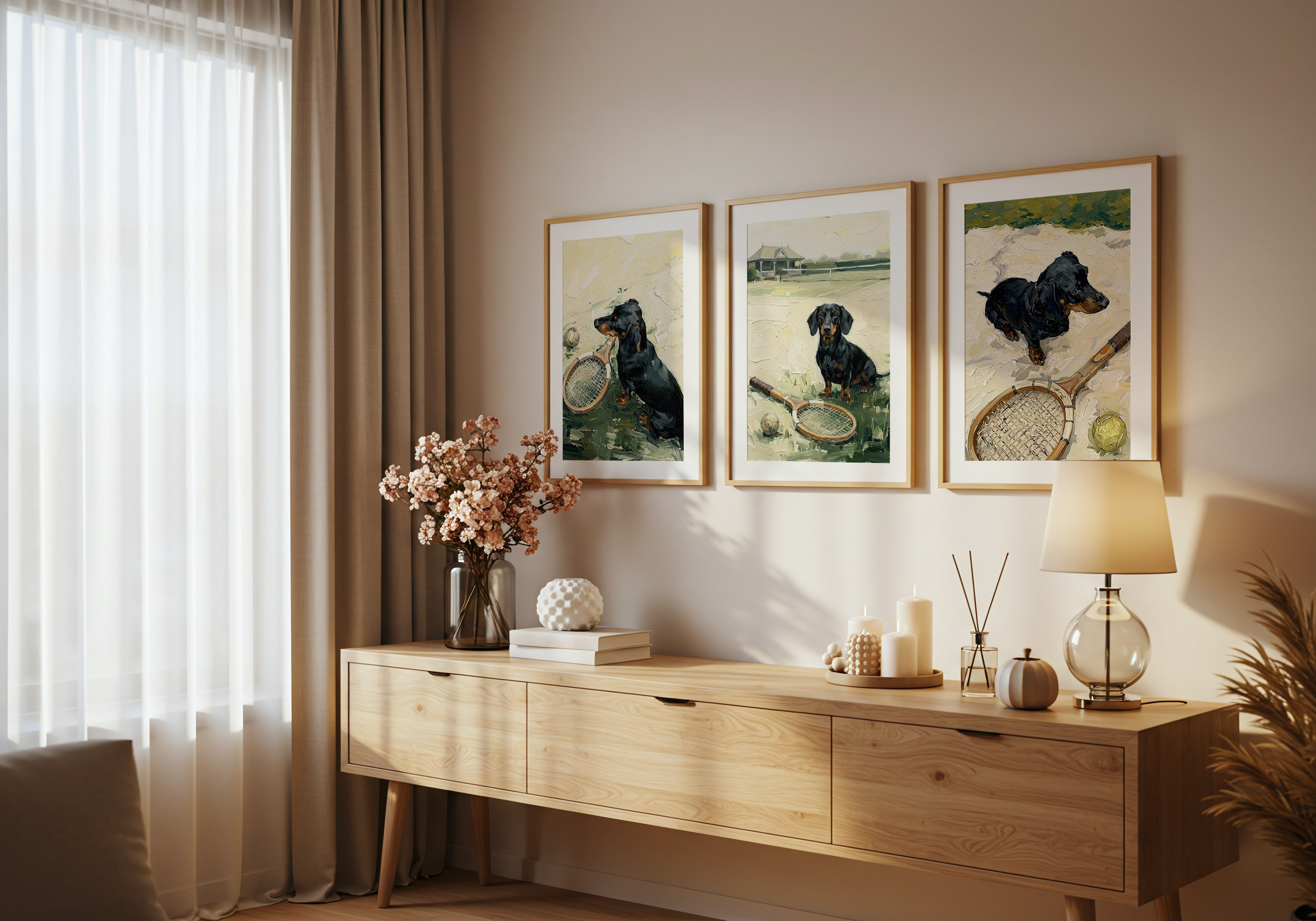 Living room with wooden sideboard, framed pictures, and decorative items.