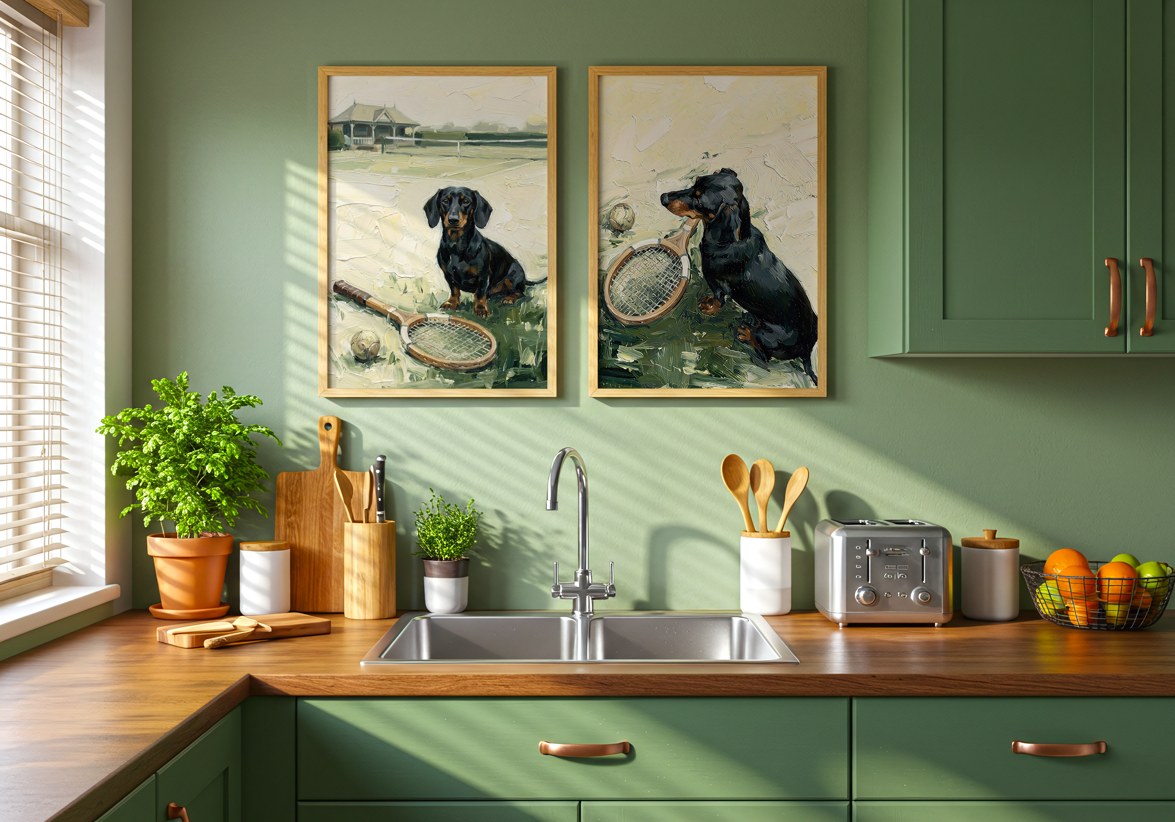 Kitchen interior with green walls, wooden countertops, and framed artwork of dogs playing tennis.