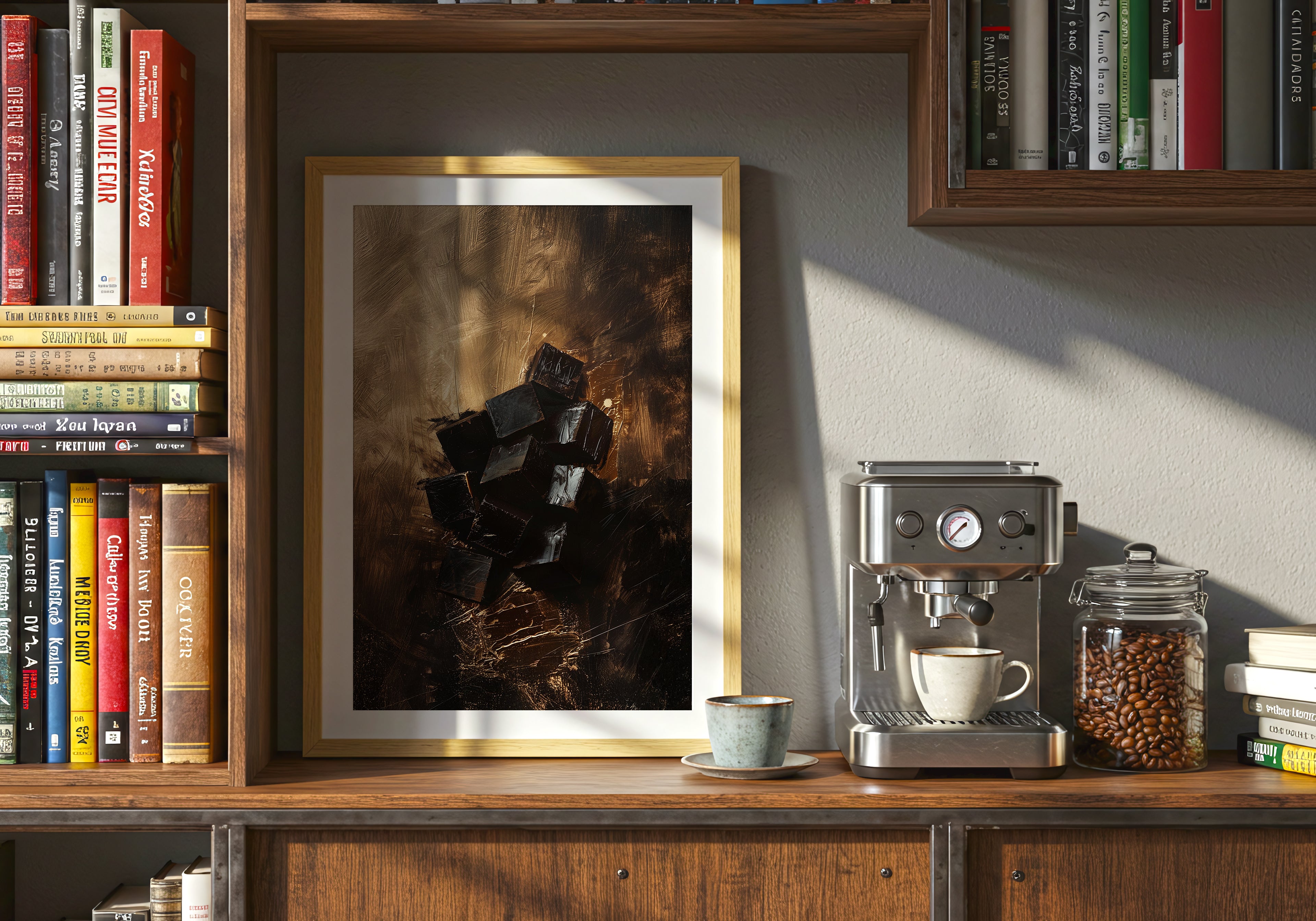 Framed artwork on a wooden shelf with a coffee machine and books in the background
