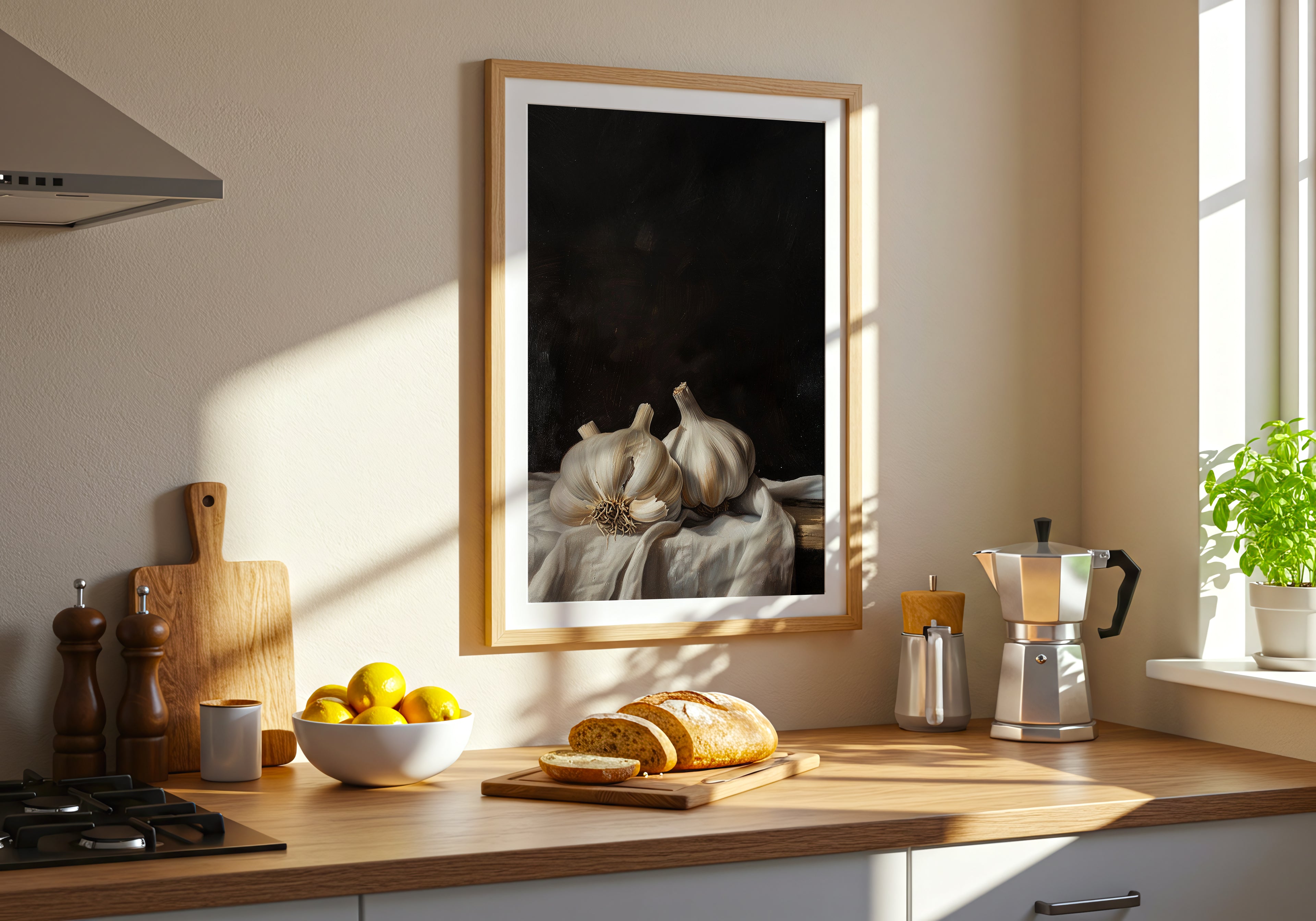 Kitchen counter with a framed picture of garlic, bread, and lemons, surrounded by kitchen items.